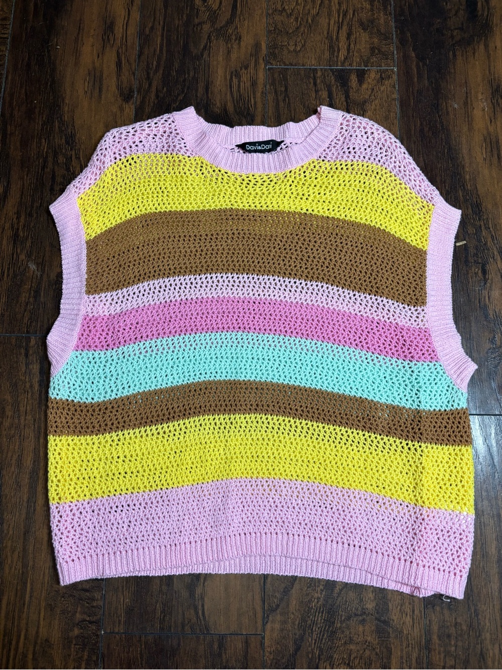 DAVI & DANI Bright Pink, Yellow, Brown & Aqua crochet Striped Knit Vest